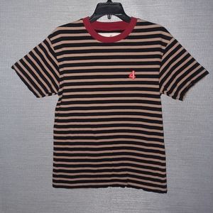 2/$20 4HUNNID Striped Black and tan Short Sleeve Shirt w/ red graphics size med